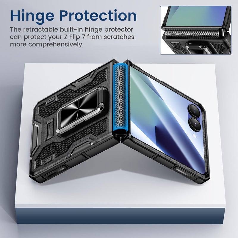 Vego for Galaxy Z Flip 7 Case, 360° Rotatable Ring Kickstand & Belt Clip Holster & Tempered Glass Camera Screen Protector & Hinge Protection, Shockproof Case for Samsung Flip 7 5G - Black - Image 5